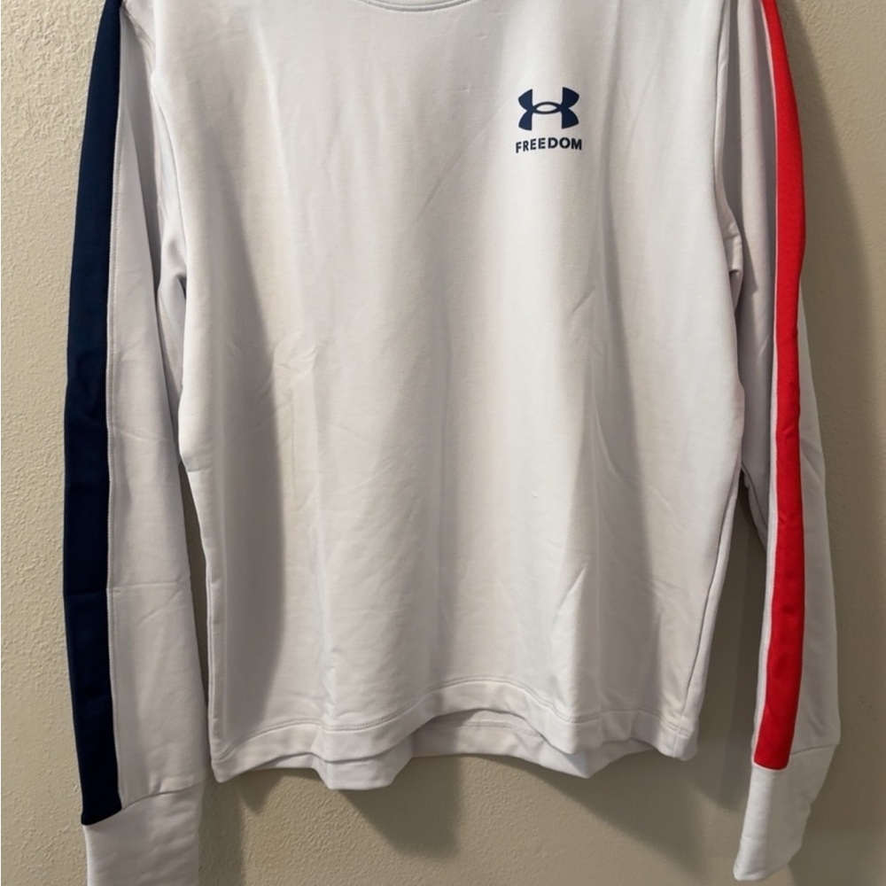 Under Armour Womens White Crewneck Sweater with Red and Blue Stripes